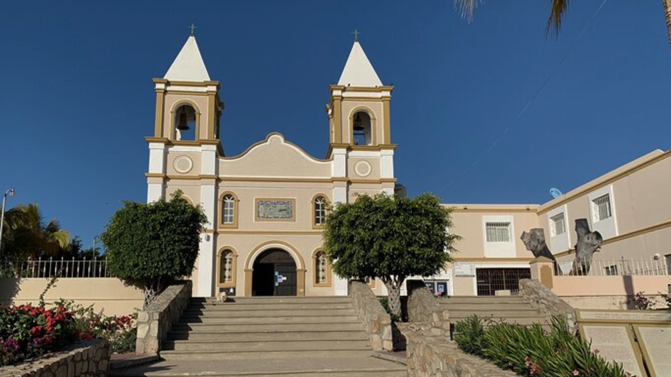 Colonial architecture in San José del Cabo historic district with colorful facades and bougainvillea