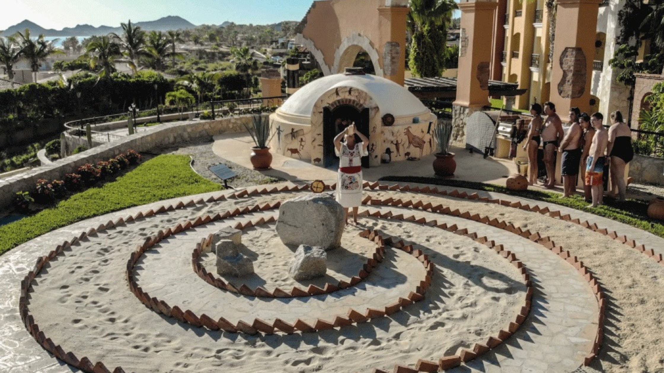 Traditional temazcal sweat lodge ceremony structure with steam in San José del Cabo